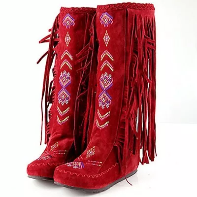 Embroidered Embellished Indian Moccasins Knee High Boot Womens Tassels Shoes • $55.82