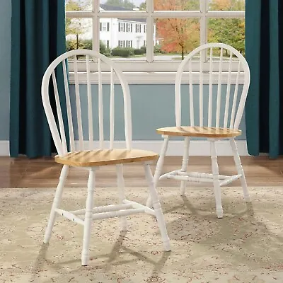 Farmhouse Dining Chairs Solid Wood Country Kitchen Nook White & Oak Color Set 2 • $144.95