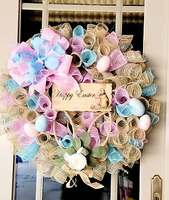 Easter Spring Pastel Sweet Deco Mesh Wreath Handmade • $54