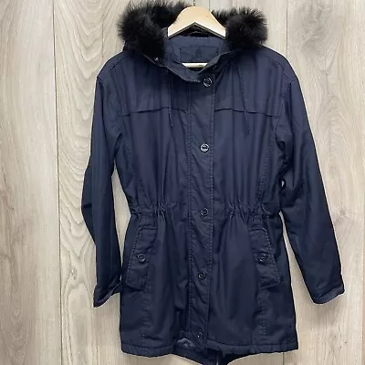 Ladies Massimo Dutti Coat Jacket Size S / 10 Faux Fur Hood Navy Blue • £19.99