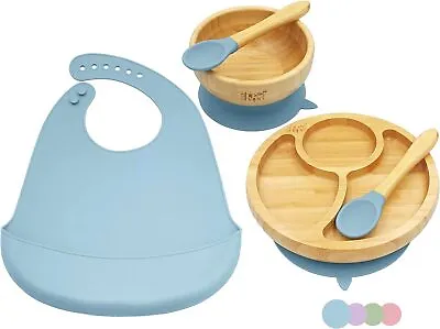 Bamboo Baby Weaning Set Suction Plate & Bowl 2 Spoons Silicone Bib Baby Feeding • £15.99