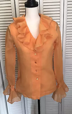 Vintage Intuitions Juniors Sz 9 Voile Ruffled Long Sleeve Blouse Sherbet Orange • $29