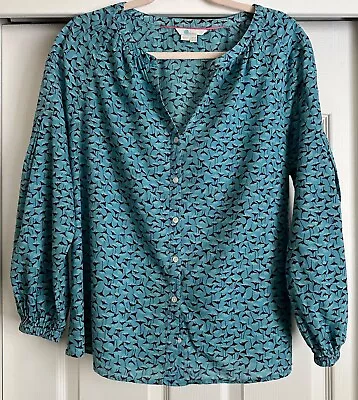 Boden Blue Floral Long Sleeve Button Up V Neck Cotton Linen Blouse - Size US 10 • $24.95