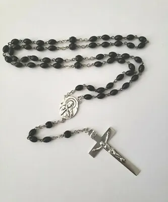 Vtg Sterling Silver Rosary Blk Bakelite Beads Mary Jesus Center Medal Crucifix • $24