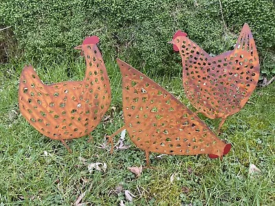 Set 3 Rusty Hen Metal Garden Stake Decoration Chicken Grass Plant Bed Ornament • £24.95