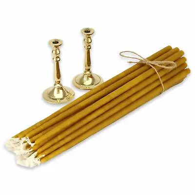 Mini Brass Candle Holder Pair + 20pcs Thin Beeswax Taper Candles Meditation Tiny • $44.99