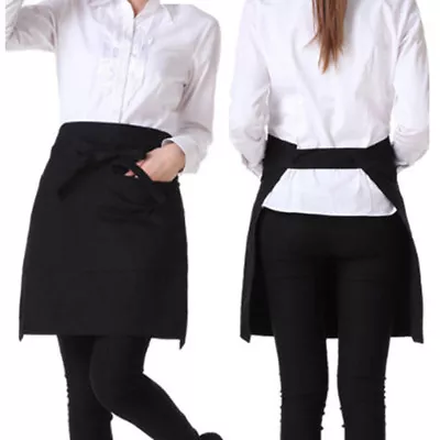 Black Short Waiter Waitress Barista Chefs Waist Pocket Apron For Bar Cafe Pub • £2.99