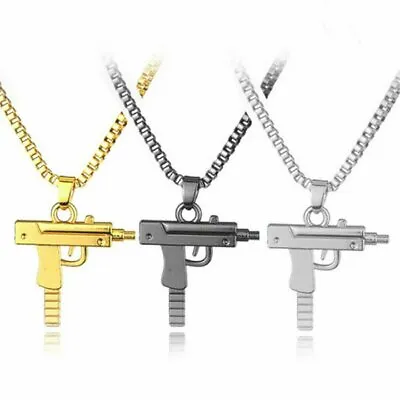 Fashion Machine Gun Mens Gold Plated Silver Pendant Chain Hip Hop Punk Necklace • $3.39