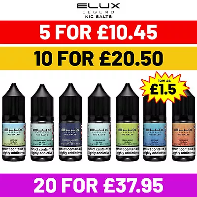 Elux Nic Salt 10ml E Liquid Vape Juice- Elux Salts 50VG/50PG- Mix N Match • £2.15