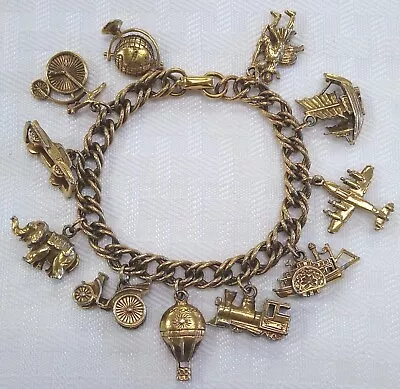 Vintage 1950'S CORO Gold Tone 11 Charm Bracelet - Travel Theme • $59.99