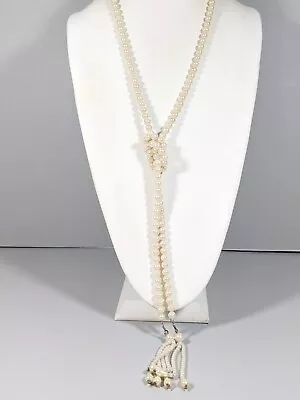 Vintage Ivory Color Acrylic Faux Pearl Knotted Tassel Long Necklace 26 Inches • $10.84