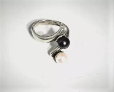 Vtg Sterling Silver AMO High End Blk Wht Peral Bypass Ring Lot Sz 9 Adjustable • $148.99