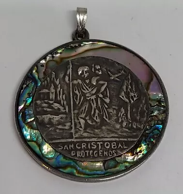 Vintage Sterling Catholic Medal Pendant Saint Christopher Protect Abalone Mexico • $20.25