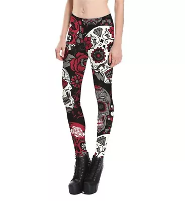 $17.99 • Buy Women Red Rose Halloween Skull Bone Skeleton Jeggings Yoga Party Pants Leggings