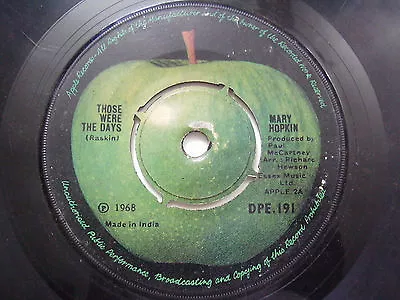 MARY HOPKINS APPLE Those Were The Days Rare SINGLE 7  45 RPM INDIA INDIAN VG+ • $149