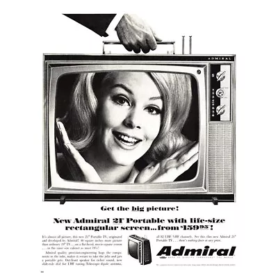 1966 Admiral Portable TV: Get The Big Picture Vintage Print Ad • $8.50