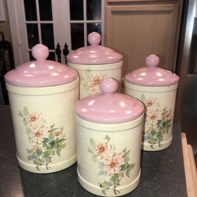 $59 • Buy Vintage Floral Retro Shabby Chic Ceramic Canister Set Of 4 Canisters With Lids