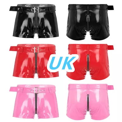UK Men's Wet Look PVC Leather Shorts Bulge Pouch Boxer Brief Zipper Hot Pants • £6.89