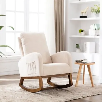 Ivory Cream Upholstered Rocking Chair Rocker Solid Wood Frame Padded Glider Seat • $261.90