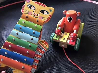 2 Wooden Musical Toys  Janod Pull Along Bear｜Djeco Animambo Metal Xylophone Cat • £8.95