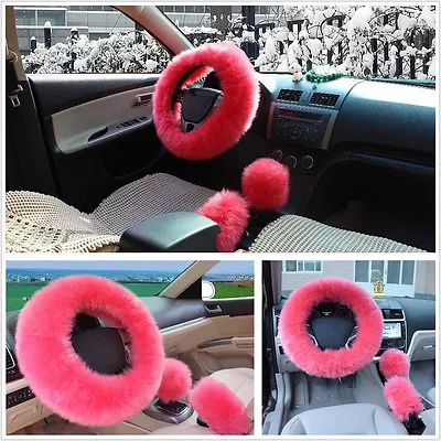 3 Pcs Set Woolen Fur Car Steering Wheel Gear Knob Parking Brake Cover Kit Pink • $25.19