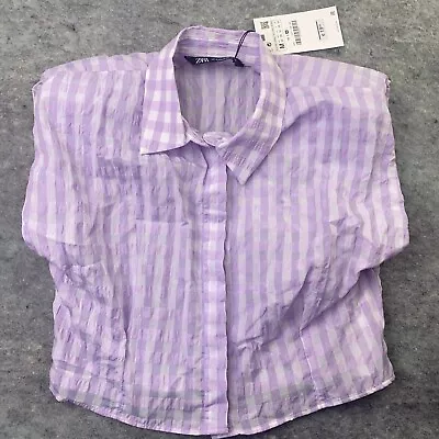 Zara Womens Shirt Medium Purple Checked Poplin Cropped Check Shoulder Pads • $37.95