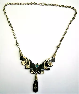 L800) Tribal Horn & Turquoise Colour Stone Bib Pendant Chain Necklace • £7.50