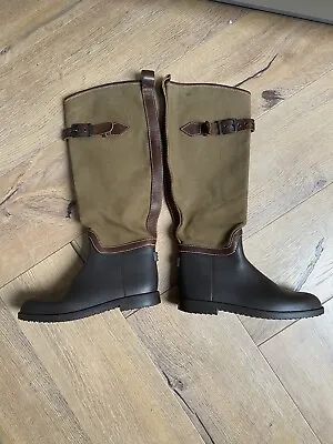 £55 • Buy Chloe Vintage Khaki Brown Canvas Leather Belted Tall Riding Boots Size 4 / 37