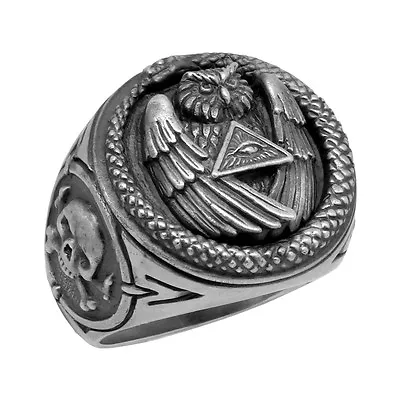 Masonic All Seeing Eye Snake Illuminati Owl Skull Biker Silver Men's Ring • $145.60