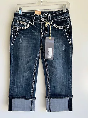 NWT L.A. IDOL Capri Studded CZ Embellished Back Flap Pocket Jeans Size 1 • $12.99