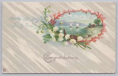 Congrats~Lily Of The Valley~Red Coral Circle Beach~Sailboats~Stecher 711c~Vtg PC • $2.80