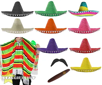 Mexican Man Costume Sombrero Poncho Tash Cigar Western Adults Fancy Dress Party • £18.99