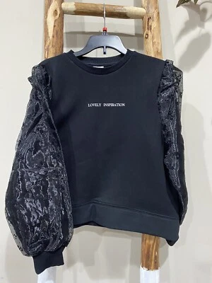 $15 • Buy Zara Youth Girls Jersey Top Black Size 13-14 Puff Tulle Sleeves 