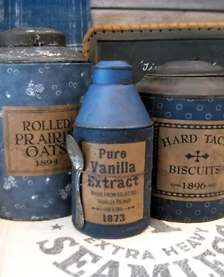 Small Early Antique Pantry Tin Canister Blue Milk Paint Vanilla W Tin Spoon • $38