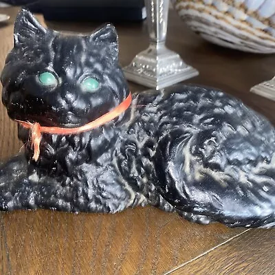 Vintage Hubley Style Cast Iron Lounging Persian Black Cat Doorstop Green Eyes • $55