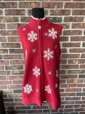 Quacker Factory Sweater Vest - Zip Up -snowflake- Red- Beaded - Christmas - M • $20