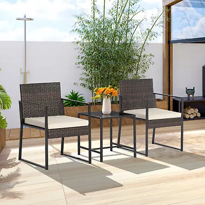 Patio 3PC Furniture Set Heavy Duty Cushioned Wicker Rattan Chairs Table Outdoor • $119.99