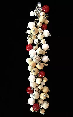 J Crew Wood Silver-tone Bauble Beaded Charmed Bracelet Red Natural White Fun • $28