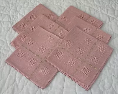 Six Vintage Dinner Napkins Pink Woven Geometric Design Linen Gold • $15