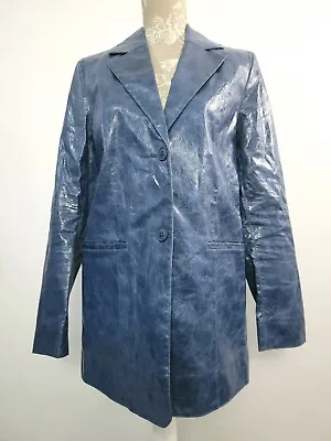 Weekday Faux Leather Jacket Size 12 Dark Blue Long Crackle Mac Coat • $25.25