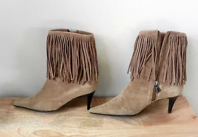 Vintage LORIBLU Beige Suede Fringe Boot Size EU 38 Pointed Toe Stiletto • $29.95