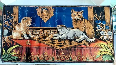 Vtg Tapestry Wall Hanging Velvet Art Textile Weaving Rug Cats Playing Chess 38  • $44.99