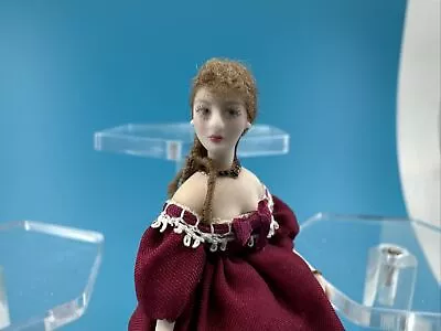 Dollhouse Miniature ~ Artisan 1/2 Scale Porcelain Doll In Burgundy Dress • $269.99