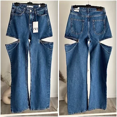 Zara Z1975 Mid Waist Straight Leg Cut Out Jewel Jeans Us 2 4 Nwt • $69