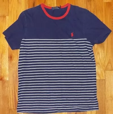 Men's Polo Ralph Lauren Short Sleeve Crew Neck T-shirt White Blue Stripe Medium • $0.99