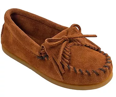 New Girls Minnetonka 2402 Kitty Suede Moc Brown Hardsole Kids Size 13 • $38.95