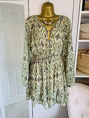 Zara Woman Green Short Ruffle Ethnic Printed Dress Shirred Size Xl • $2.47