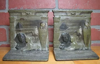 EGYPTIAN REVIVAL MUMMY TOMB SPHYNX MAN CAMELBACK PYRAMID Antique JUDD Bookends • $895