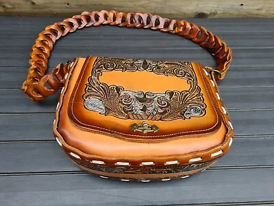 Fab Vintage Tan Tooled Leather Saddle Shoulder Bag Western Line Dancing • £39.99