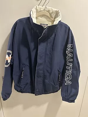 Nautica Jacket Men Medium Blue White Orange Spellout Packable Hood Vintage Y2K • $29.99